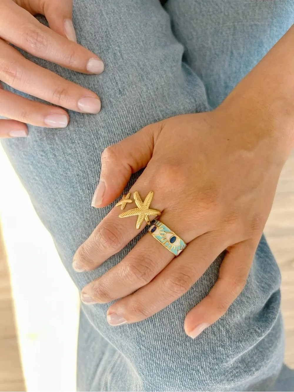 Gold Starfish Adjustable Statement Ring Coastal Beach Jewelry